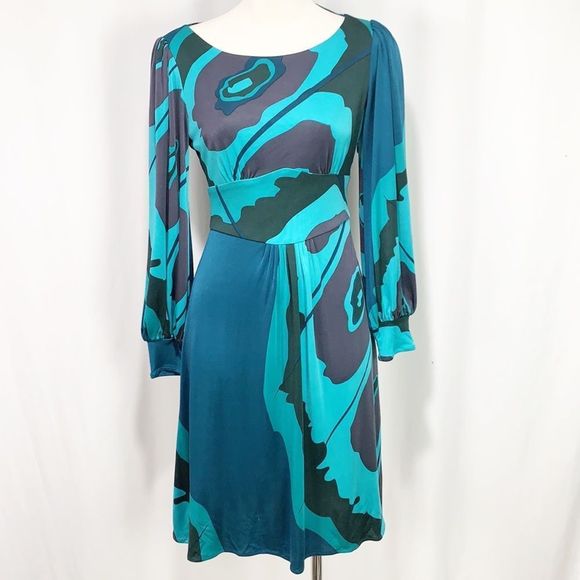 Issa London Silk Watercolor Blue Green Teal Long Sleeved Dress